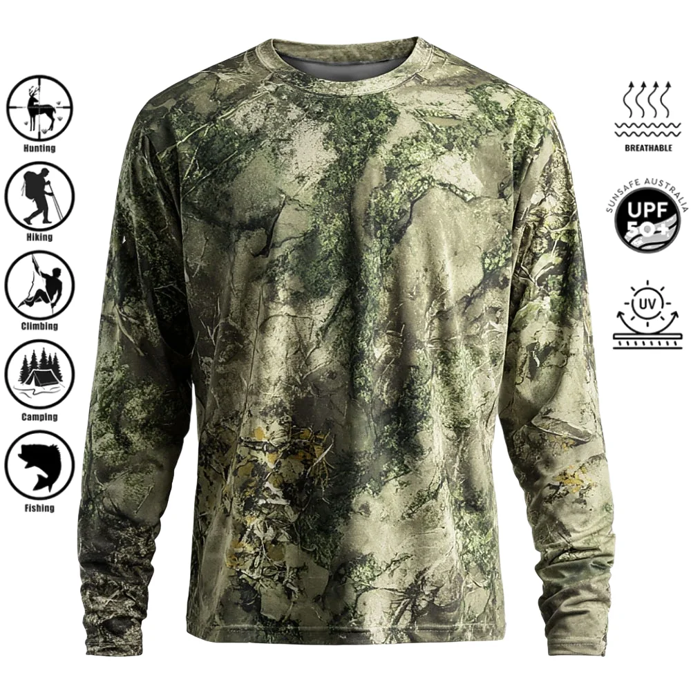 Outdoor Adventure Trips - メンズ長袖Tシャツ、ポリエステル素材、3Dプリント迷彩柄、UPF50+の紫外線カット機能、クルーネック、通気性、釣り、狩猟、ハイキング、アウトドアに最適なトップス。